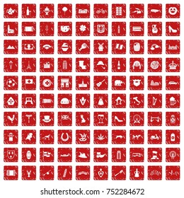 100 Europe icons set in grunge style red color isolated on white background vector illustration