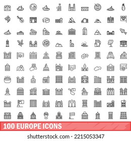 100 europäische Symbole gesetzt. Outline-Illustration von 100 europäischen Symbolen, Vektorset einzeln auf weißem Hintergrund