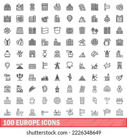 100 europäische Symbole gesetzt. Outline-Illustration von 100 europäischen Symbolen, Vektorset einzeln auf weißem Hintergrund