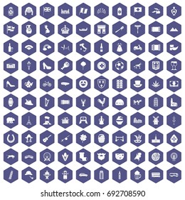 100 Europe icons set in purple hexagon isolated vector illustration