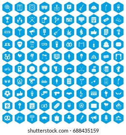 100 events icons set in blue hexagon isolated vector illustration