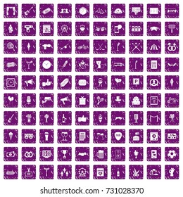 100 events icons set in grunge style purple color isolated on white background vector illustration