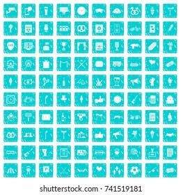 100 events icons set in grunge style blue color isolated on white background vector illustration