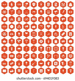 100 events icons set in orange hexagon isolated vector illustration