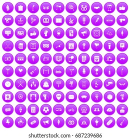 100 events icons set in purple circle isolated on white vector illustration