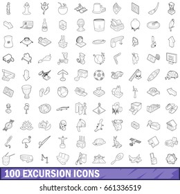 100 excursion icons set in outline style for any design vector illustration