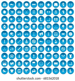 100 exercise icons set in blue circle isolated on white vector illustration