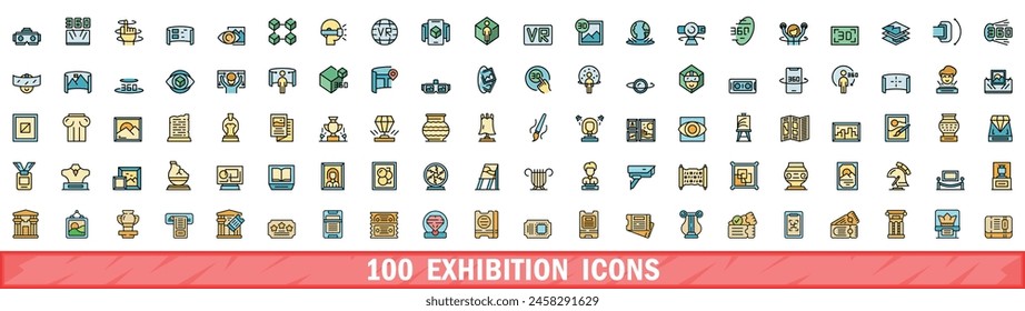 100 exhibition icons set. Color line set of exhibition vector icons thin line color flat on white