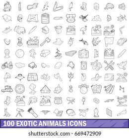 100 exotic animals icons set in outline style for any design vector illustration