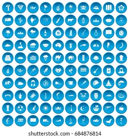 100 exotic animals icons set blue
