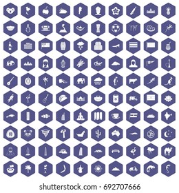 100 exotic animals icons set in purple hexagon isolated vector illustration