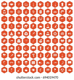 100 exotic animals icons set in orange hexagon isolated vector illustration