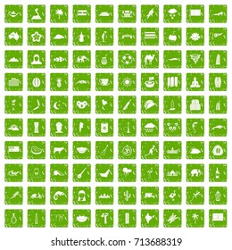 100 exotic animals icons set in grunge style green color isolated on white background vector illustration