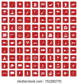 100 exotic animals icons set in grunge style red color isolated on white background vector illustration
