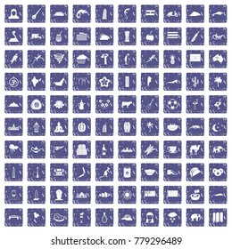 100 exotic animals icons set in grunge style sapphire color isolated on white background vector illustration