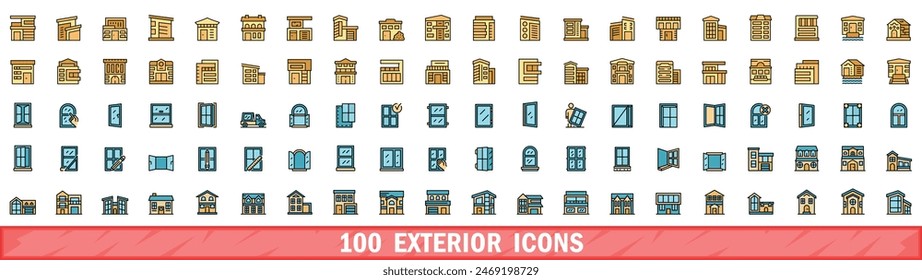 100 exterior icons set. Color line set of exterior vector icons thin line color flat on white