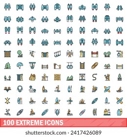 100 extreme icons set. Color line set of extreme vector icons thin line color flat on white