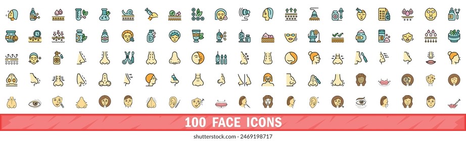 100 face icons set. Color line set of face vector icons thin line color flat on white