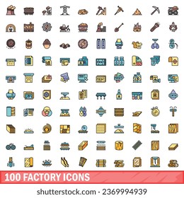 100 factory icons set. Color line set of factory vector icons thin line color flat on white