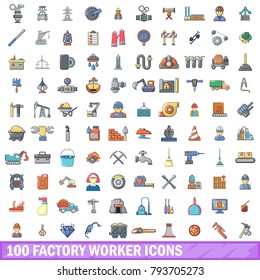 100 factory worker icons set. Cartoon illustration of 100 factory worker vector icons isolated on white background