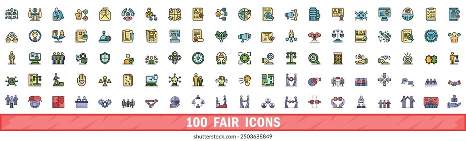 100 fair icons set. Color line set of fair vector icons thin line color flat on white