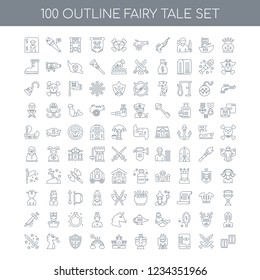 100 fairy tale universal icons set with Crown linear, Sword Spellbook Helmet Frog Castle Rainbow Shield Dragon linear