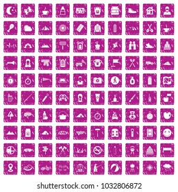 100 family camping icons set in grunge style pink color isolated on white background vector illustration