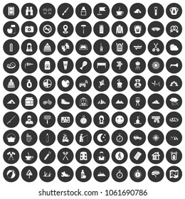 100 family camping icons set in simple style white on black circle color isolated on white background vector illustration