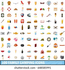 100 family camping icons set in cartoon style for any design vector illustration