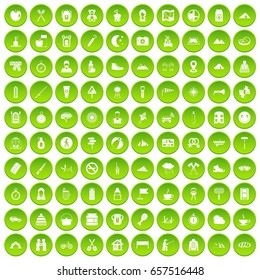 100 family camping icons set green circle isolated on white background vector illustration