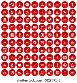 100 family camping icons set in red circle isolated on white vector illustration