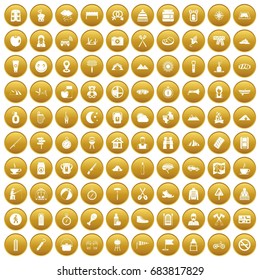 100 family camping icons set gold