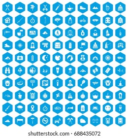 100 family camping icons set in blue hexagon isolated vector illustration