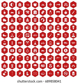 100 family camping icons set in red hexagon isolated vector illustration