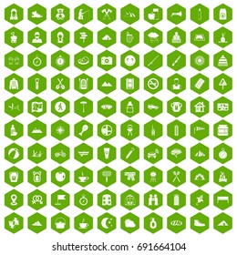 100 family camping icons set in green hexagon isolated vector illustration