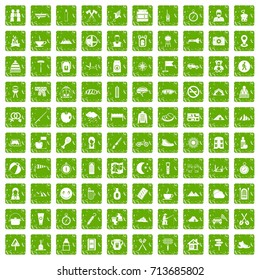 100 family camping icons set in grunge style green color isolated on white background vector illustration