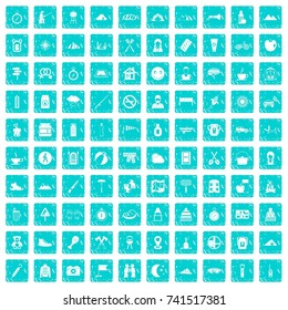 100 family camping icons set in grunge style blue color isolated on white background vector illustration