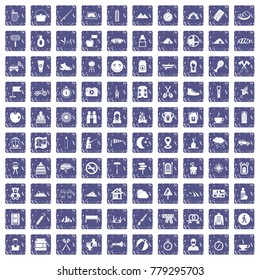 100 family camping icons set in grunge style sapphire color isolated on white background vector illustration
