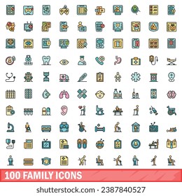 100 family icons set. Color line set of family vector icons thin line color flat on white