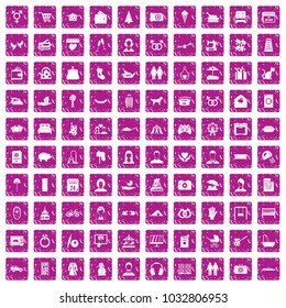 100 family icons set in grunge style pink color isolated on white background vector illustration