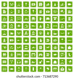 100 family icons set in grunge style green color isolated on white background vector illustration