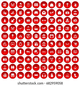100 family icons set in red circle isolated on white vector illustration