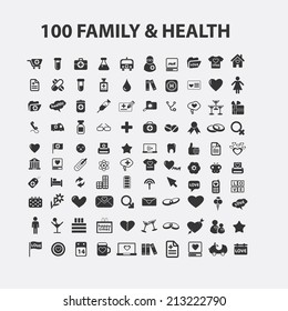100 family, love, health isolated icons, signs, symbols, illustrations, silhouettes, vectors set