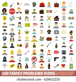 100 family problems icons set in flat style for any design vector illustration
