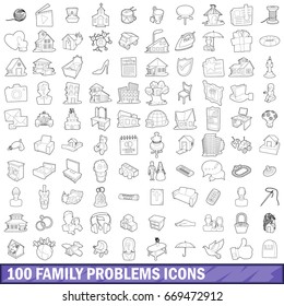 100 family problems icons set in outline style for any design vector illustration