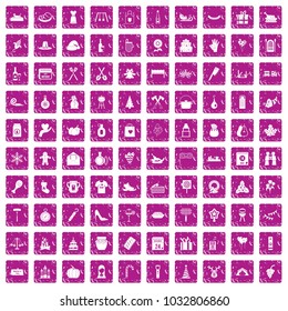 100 family tradition icons set in grunge style pink color isolated on white background vector illustration