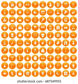 100 family tradition icons set in orange circle isolated vector illustration