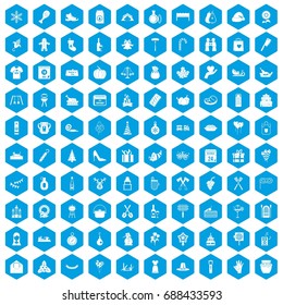 100 family tradition icons set in blue hexagon isolated vector illustration