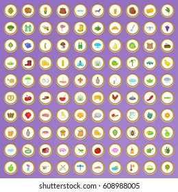 100 farm and harvest icons set in cartoon style on purple background vector illustration