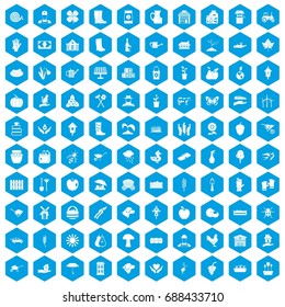 100 farm icons set in blue hexagon isolated vector illustration